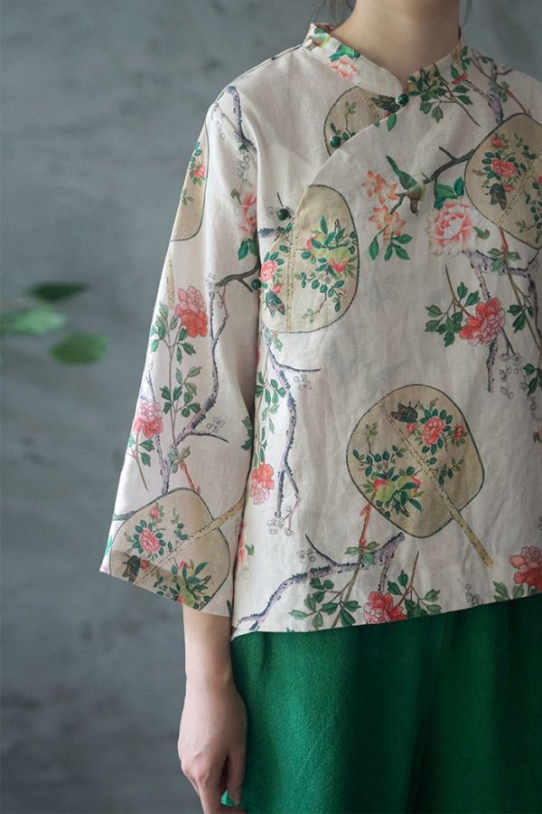 燕燕~棉麻~印花斜襟玉扣襯衫    復古中式禪意茶服 上衣。ab1920801 