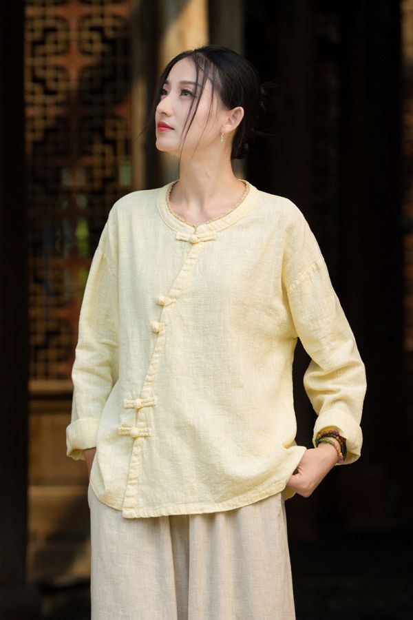 燕燕~秋冬新款 苧麻砂洗設計小衫 盤扣領花邊國風改良襯衫 上衣 