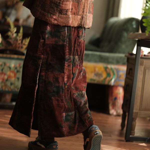 燕燕~復古文藝開叉古布拼接長裙 ab225201 