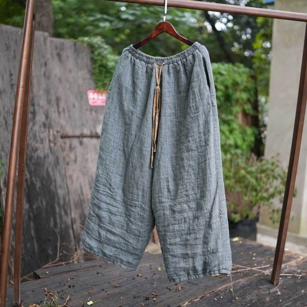 燕燕～亞麻 條紋色織鬆緊腰寬鬆顯瘦百搭直筒褲 長褲 