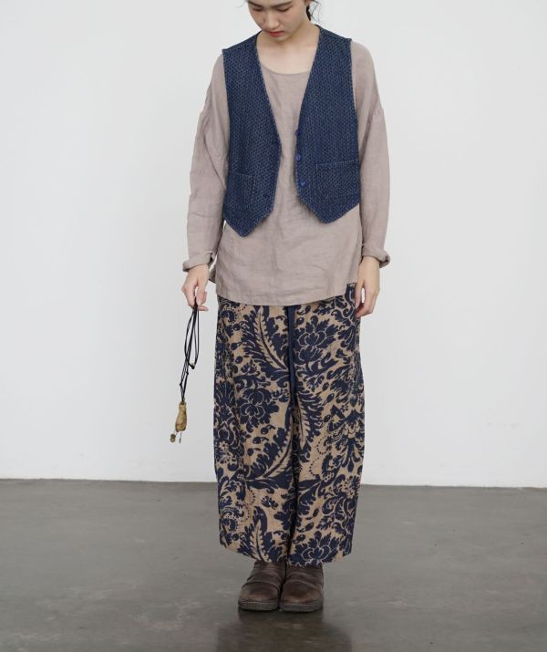 燕燕~復古數位藍染印花亞麻直筒褲 簡約寬鬆自在闊腿褲 ab2531701 