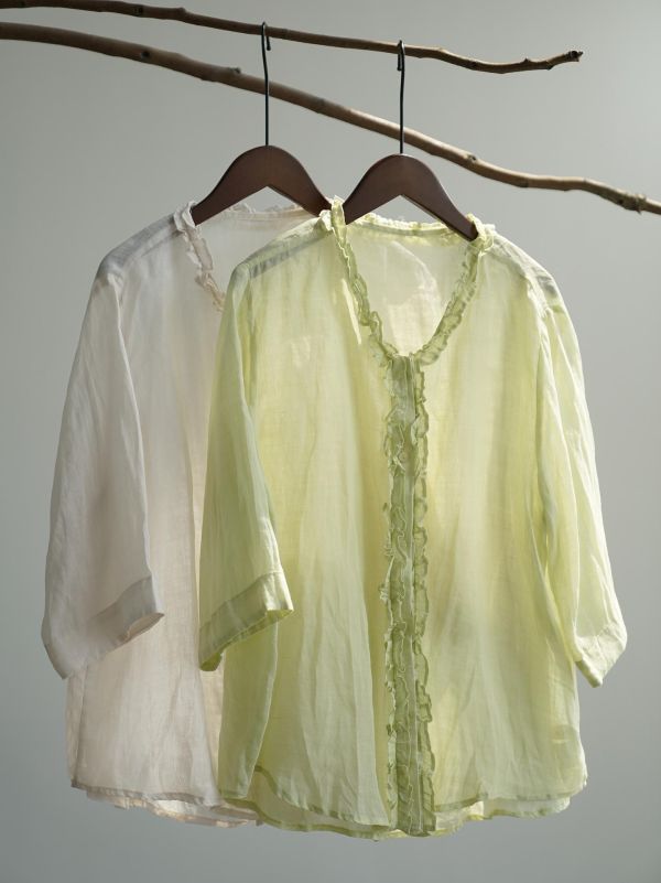 燕燕~夏季新款~復古細苧麻防曬襯衫 木耳邊田園開襟上衣 ab2634601 