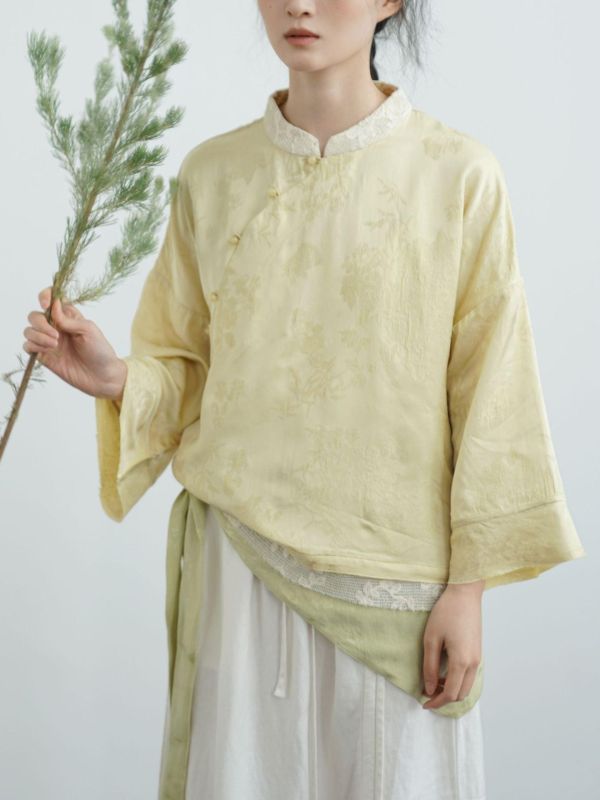 燕燕棉麻～全新夏款 人絲提花襯衫 光澤感珠扣茶服上衣 ab2505401 