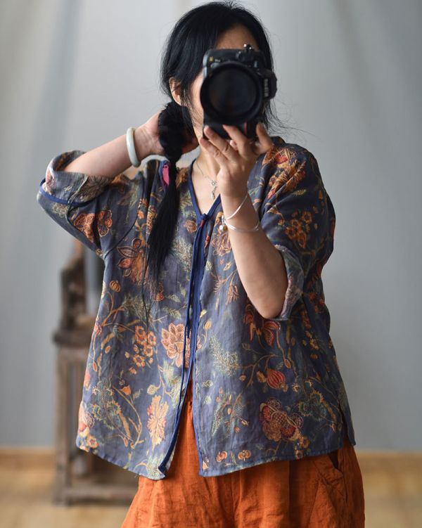 燕燕~春夏新品 復古國風印花長尾盤扣小衫 個性文藝小V領上衣 