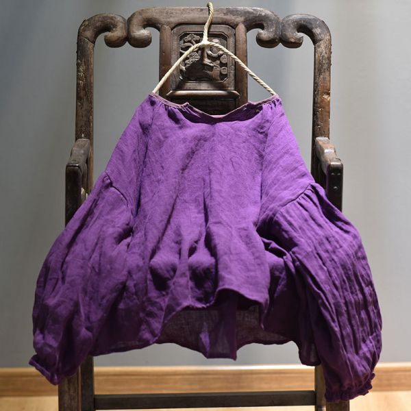 春夏新款 亞麻材質燈籠袖襯衫  木耳邊鬆緊袖上衣 