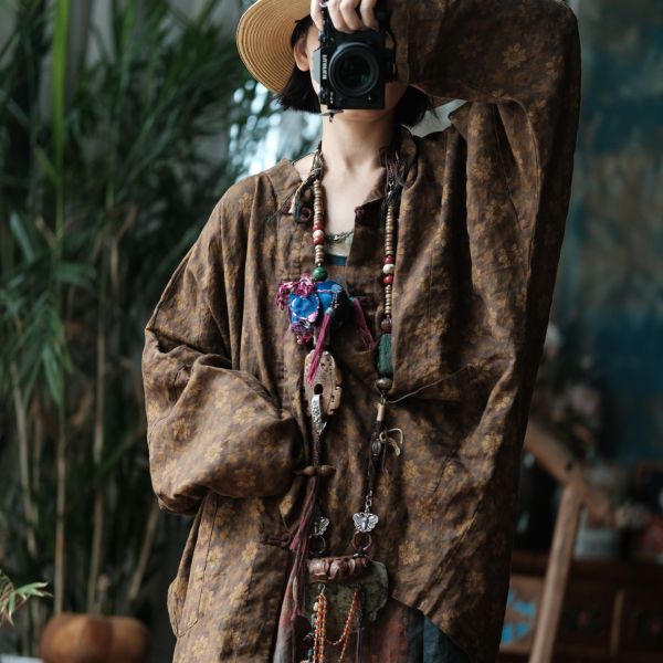 燕燕~棉麻商品~純亞麻 雪花洗印花工藝寬鬆外套 