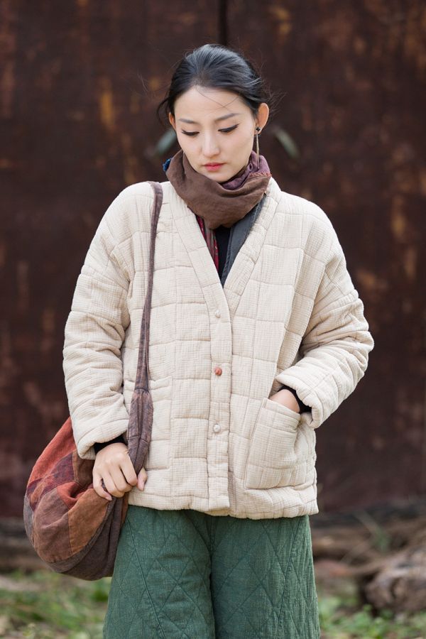 燕燕~冬季新款    雙層夾棉肌理感方格絎縫棉襖棉服柔軟保暖文藝盤扣棉衣外套 