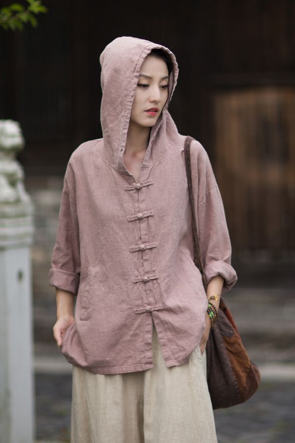 燕燕~秋季新款 苧麻連帽流浪風女式開襟衫 襯衫 外套 