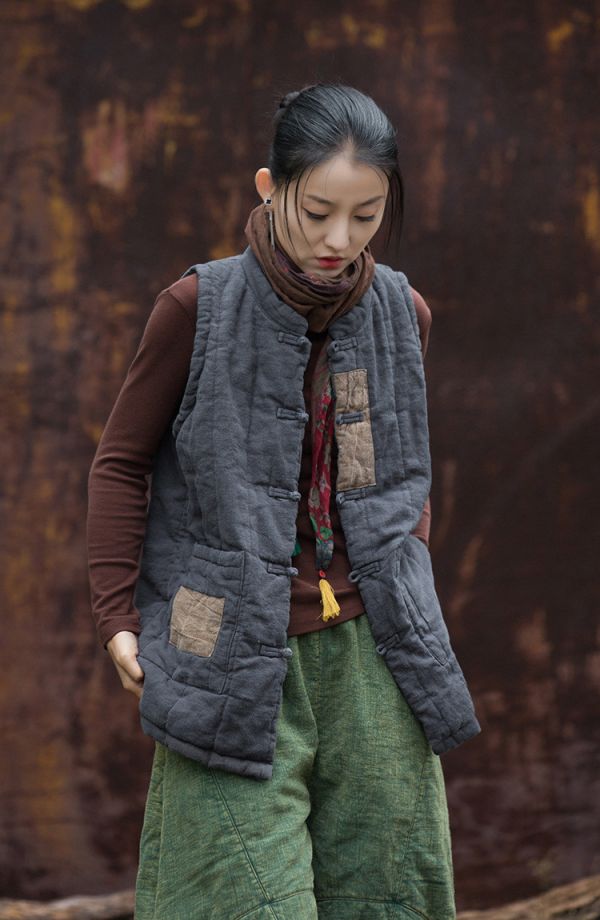 燕燕~秋冬新款 苧麻夾棉絎縫貼布外套 復古個性保暖背心 