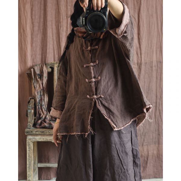 燕燕~亞麻 做舊毛邊上衣  撞色寬鬆盤扣女式短款開衫外套 