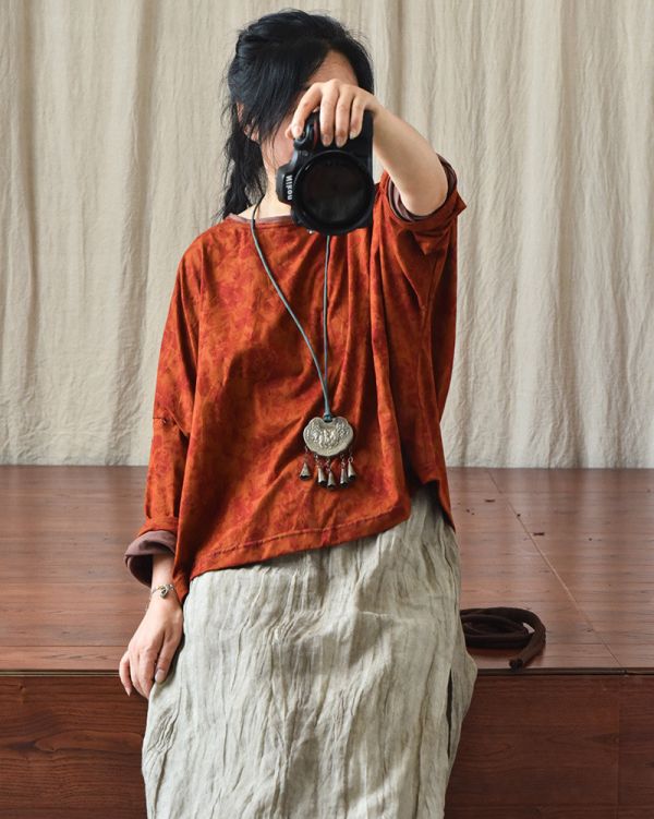 燕燕~數位印花圓領棉麻針織T恤 文藝圓領寬鬆短上衣 