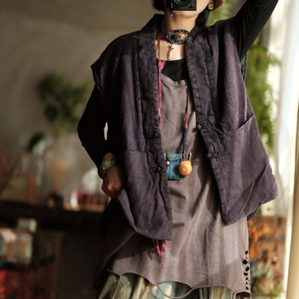 燕燕~棉麻商品~純亞麻。做舊雪花洗撞色領寬鬆夾棉坎肩背心  ab192601 