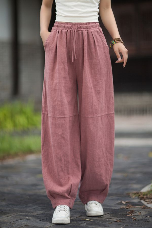 燕燕~秋新款 苧麻砂洗文藝百搭鬆緊腰長褲 哈倫褲 