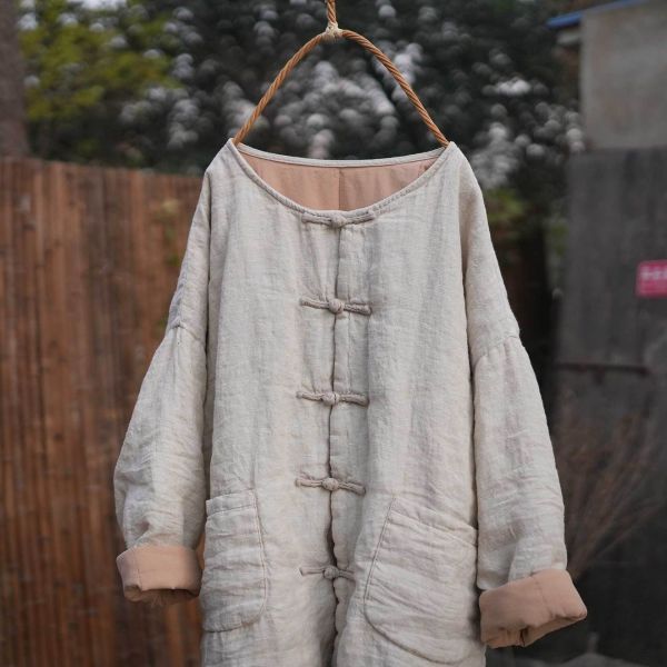 燕燕～秋冬款 色織亞麻 純手工縫製盤扣中長款棉衣大口袋棉服外套 