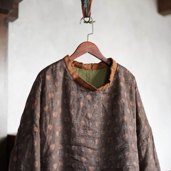 燕燕~秋冬新款 苧麻夾棉 數位印花高領棉衣 文藝休閒棉服上衣 