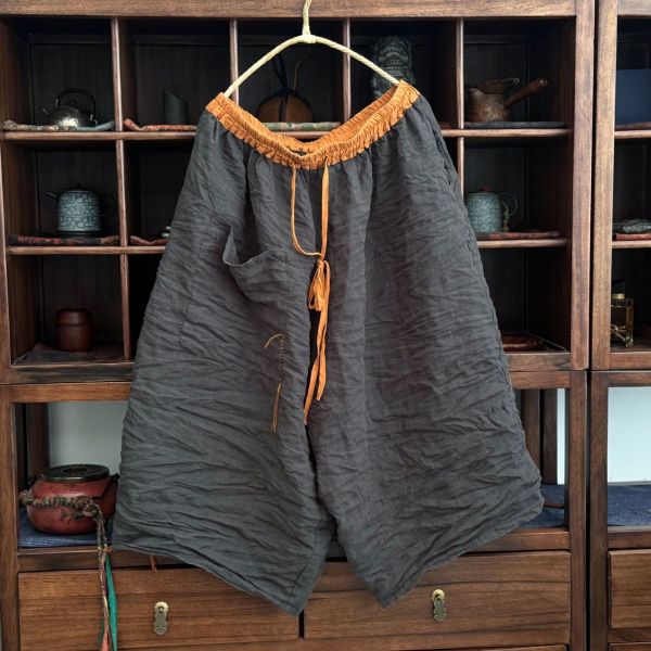 燕燕～亞麻～高品質砂洗寬鬆寬腿中褲 