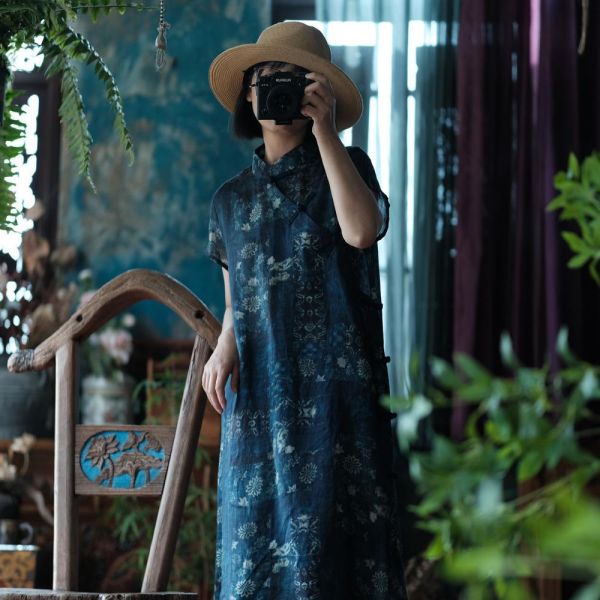 燕燕～夏季新款. 純苧麻. 數碼印花立領盤扣 洋裝 連身裙。ab133301 