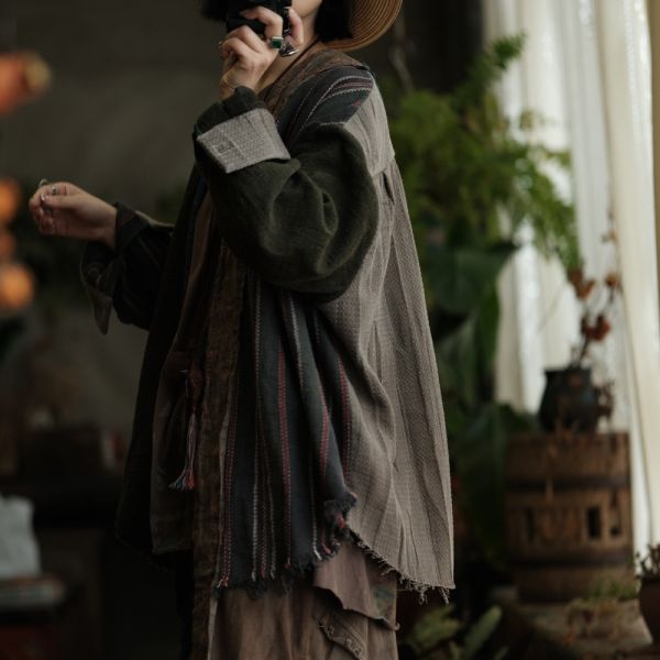 燕燕~秋款 復古文藝棉麻拼色外披薄外套 ab234901 