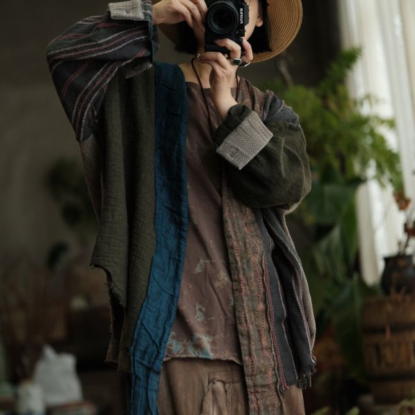 燕燕~秋款 復古文藝棉麻拼色外披薄外套 ab234901 