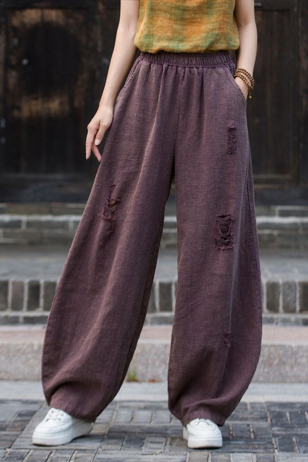 燕燕～秋季新款！苧麻 破洞炒色長褲 砂洗個性小眾流浪風燈籠褲 