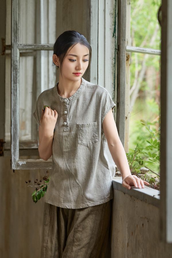燕燕~秋季新款～亞麻紮染改良新中式盤扣文藝百搭女式短袖T恤 上衣 