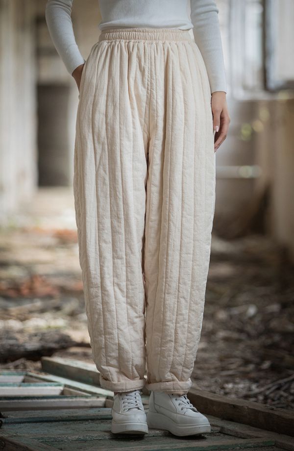 燕燕~冬季新款 夾棉加厚保暖休閒褲 絎縫豎格個性棉褲 長褲 