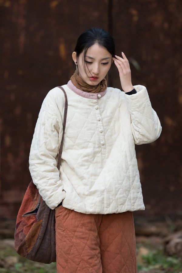 燕燕 冬季新款 苧麻夾棉菱格絎縫套頭棉襖 個性加厚保暖女裝棉衣上衣 