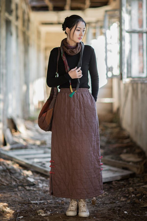燕燕~秋冬新品    苧麻夾棉 原創設計個性保暖菱格絎縫長裙 