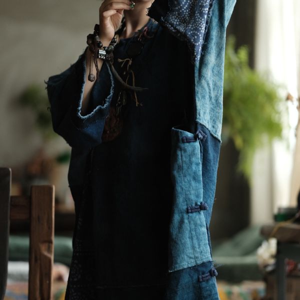 燕燕~(寬鬆版型）~復古文藝老古布拼接洋裝禪意袍子 連身裙。ab224301 (此件商品不退換） 