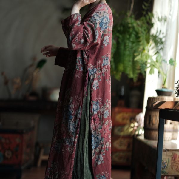 燕燕~棉麻商品~復古紅花側高側抽繩長袍上衣 連身裙。ab151001 