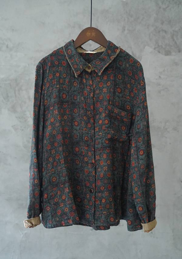 燕燕~棉麻商品~復古香雲紗材質  數碼印花百搭襯衫 文藝休閒寬鬆顯瘦長袖襯衫 上衣 ab2131801 