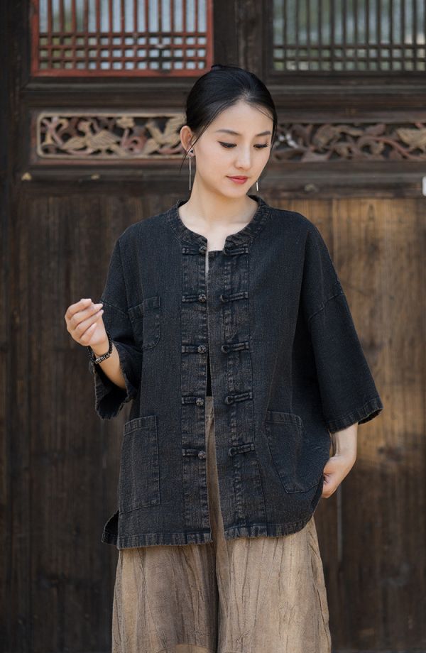 燕燕~夏季款式～莧麻 炒色做舊上衣 禪意茶服女盤扣襯衫 