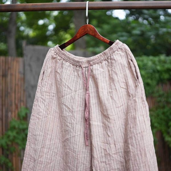 燕燕～亞麻 條紋色織鬆緊腰寬鬆顯瘦百搭直筒褲 長褲 