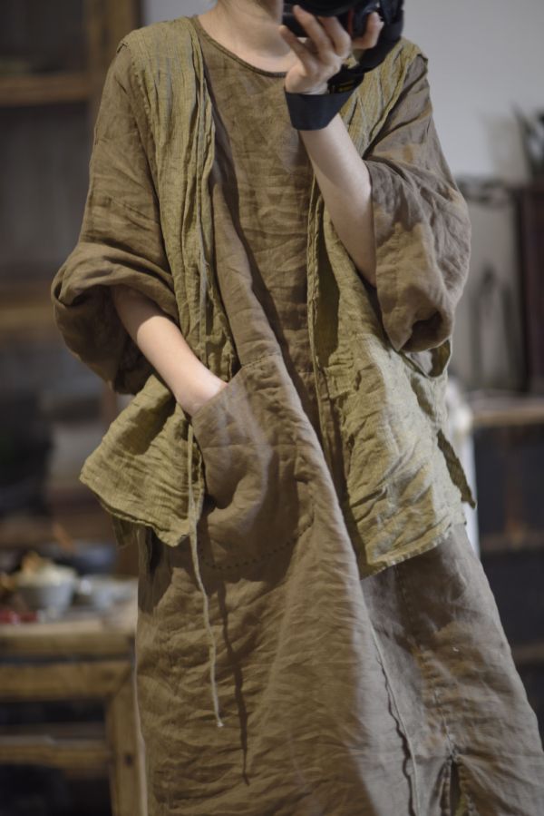 燕燕~棉麻商品~春夏款  亞麻 文藝復古色織條紋開衫繫帶穿搭背心 