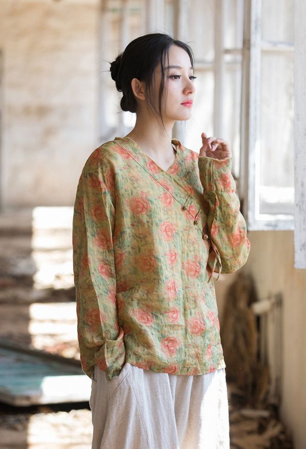 燕燕～春夏新款 苧麻   數位印花薄上衣 砂洗毛邊斜襟盤扣上衣 