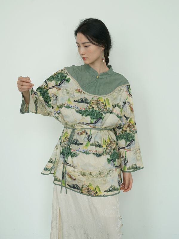 燕燕~純棉 全新中式古典新意中長上衣 印花純棉雲肩襯衫   ab2415001 