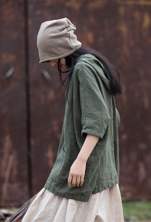 燕燕~夏季 苧麻棉 砂洗盤扣連帽防曬上衣  短袖棉麻衫 