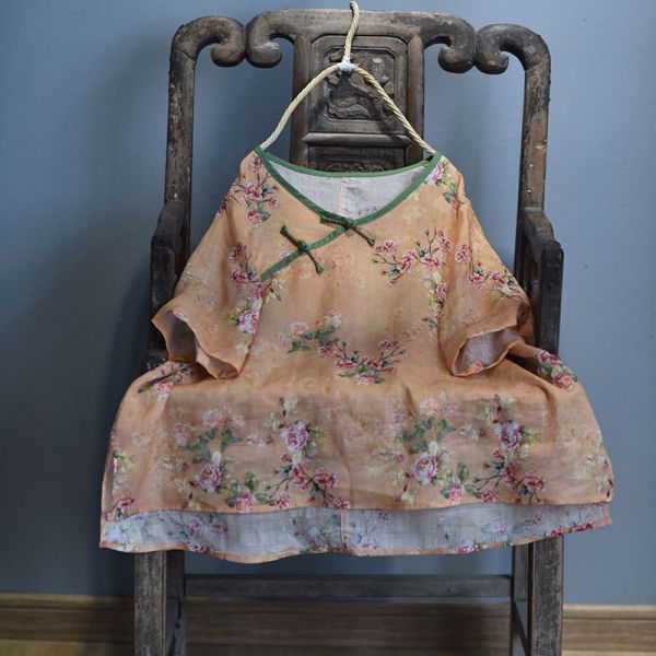 燕燕~棉麻商品~苧麻材質 數碼印花V領盤扣寬鬆襯衫 文藝上衣 短袖棉麻 