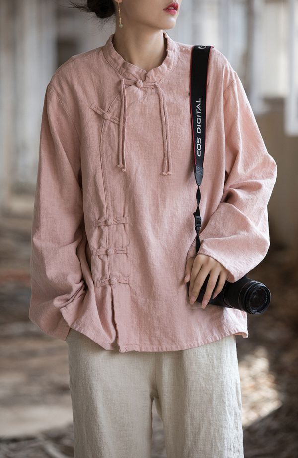 燕燕~莧麻棉 手工盤扣砂洗改良上衣 文藝範女式長袖T恤 