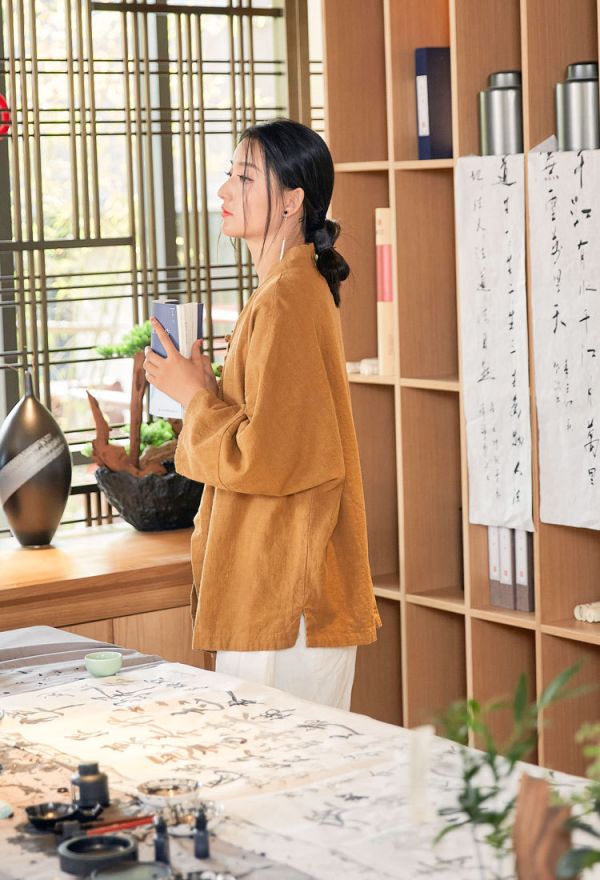 燕燕～復古砂洗做舊苧麻禪茶服立領繫帶  開衫外套 