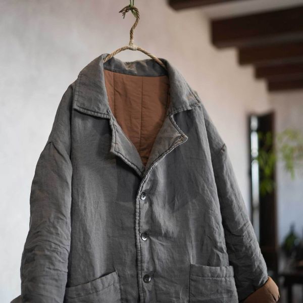 燕燕～秋冬款 加厚苧麻過冬厚棉衣大版寬鬆 長版西服外套 