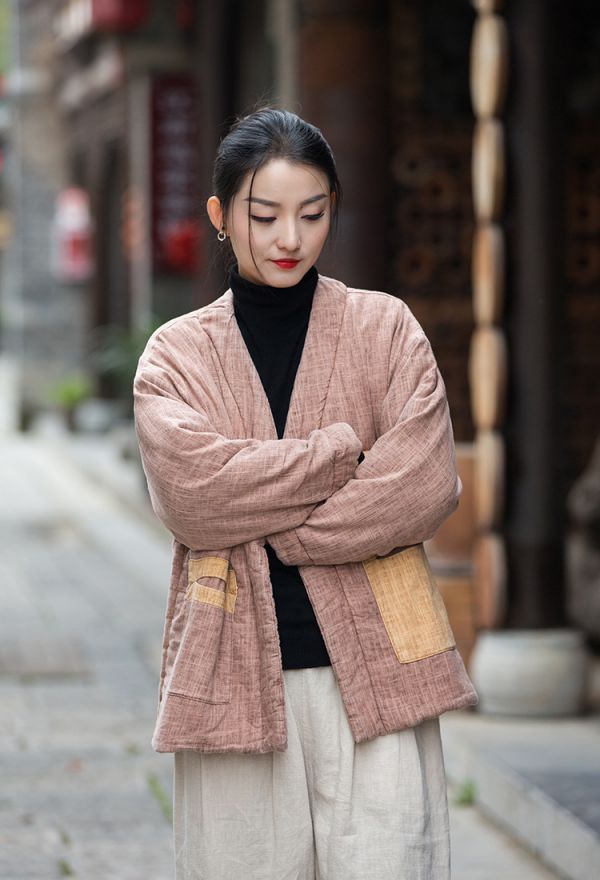 燕燕~棉麻商品~秋冬新品 亞麻   炒色做舊夾棉加厚改良禪意風女式棉服棉衣外套 