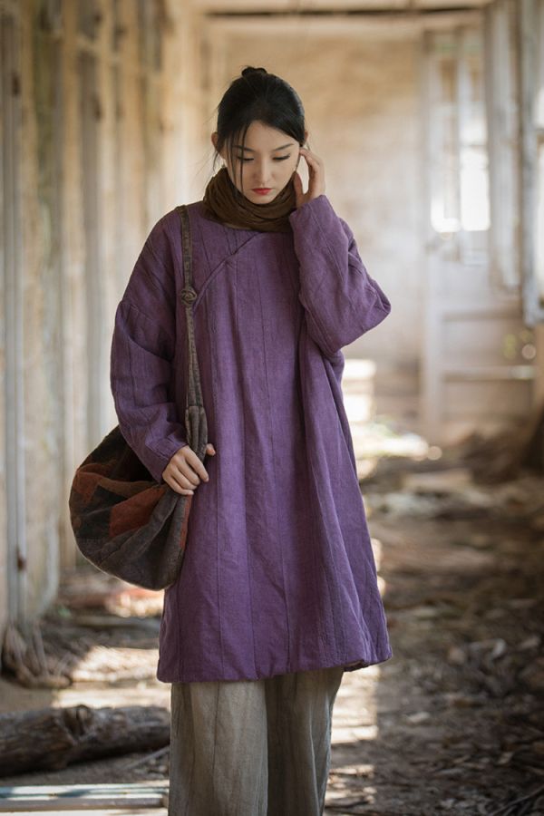 燕燕~秋冬新品 苧麻炒色夾棉加厚復古改良禪意風女式中長棉衣上衣 