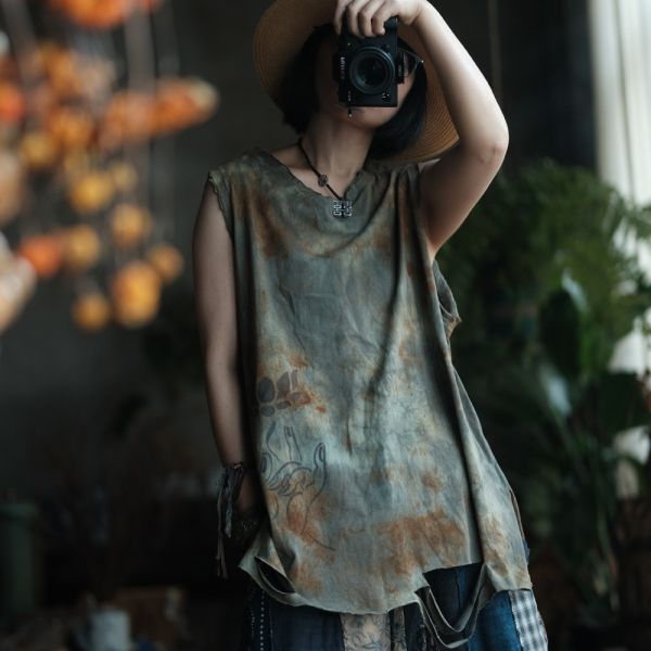 燕燕~夏季款式 復古手工植物染棉料V領背心 