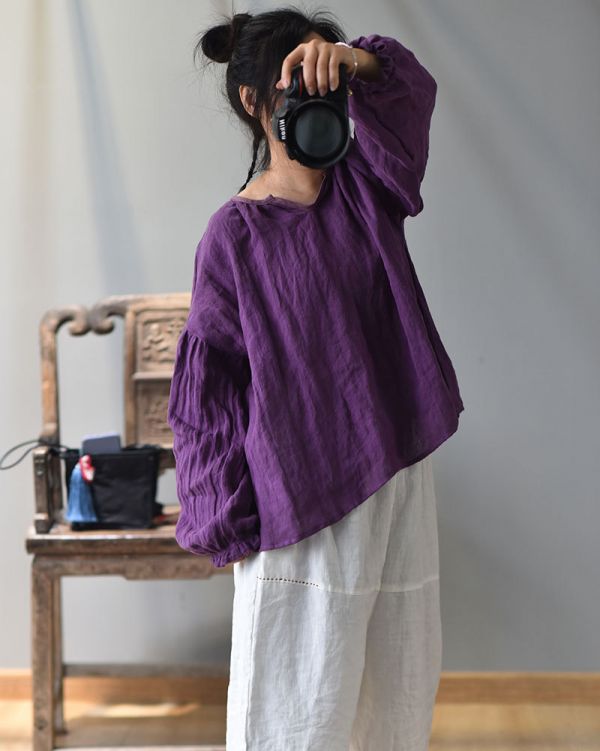 春夏新款 亞麻材質燈籠袖襯衫  木耳邊鬆緊袖上衣 