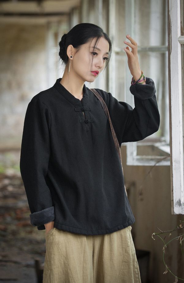 燕燕~秋冬新款 苧麻加絨加厚打底衫 盤扣復古文藝上衣T恤 (加絨加厚設計） 