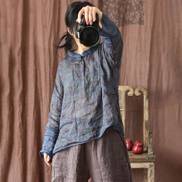 燕燕~棉麻商品~苧麻 香雲紗印花款  禪意茶服 襯衫 藍上衣 