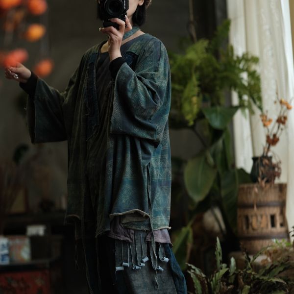 燕燕~棉質  文藝復古做舊感寬鬆貼布繫帶開襟衫外披上衣 外套。ab234301 