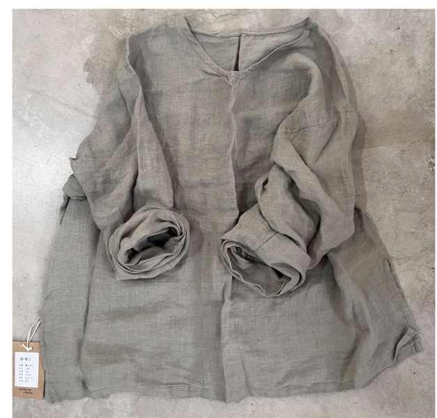 燕燕~夏季新款 文藝復古水洗做舊亞麻 v領套頭落肩小衫 上衣 