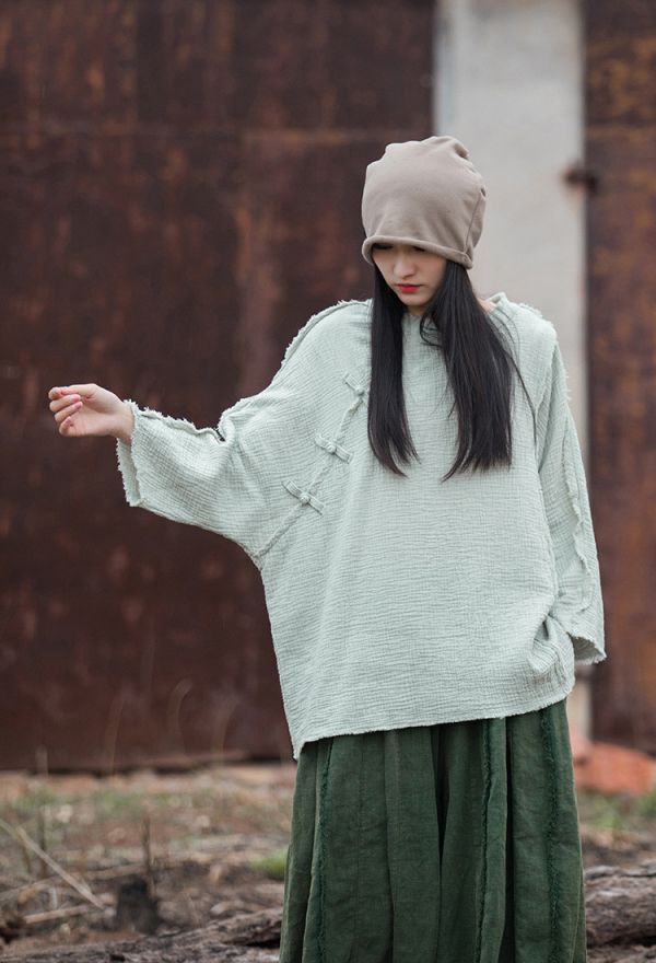 燕燕 秋冬新款  雙層棉砂洗磨毛百搭T恤 棉麻改良盤扣禪意上衣 